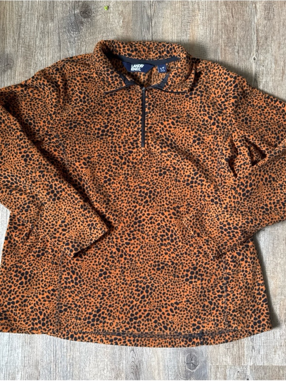Lands' End Men's Orange and Black Leopard-Print Quarter Zip Sweater